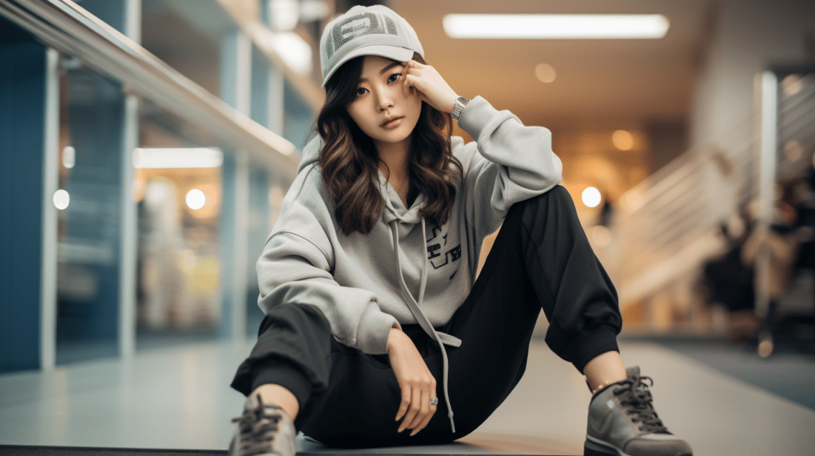 Woman in athleisure Korean style outfit