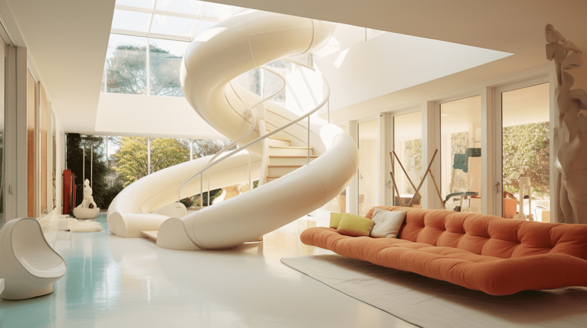Perosotan di samping tangga spiral di rumah minimalis