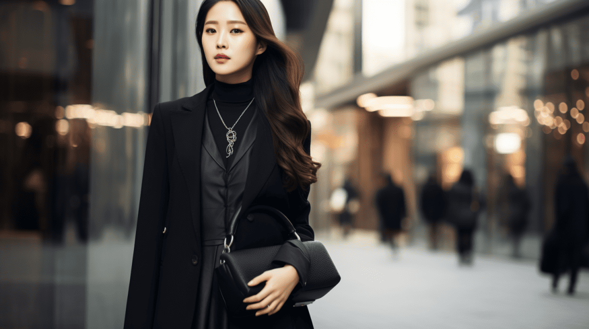 Woman in monochrome Korean style outfit