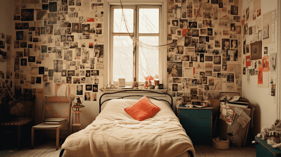 Kamar Tidur Dengan Kolase Foto Memenuhi Dinding