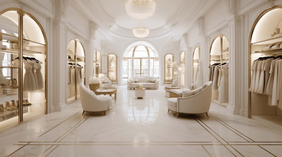 Desain Interior ruko 2 lantai Elegan Klasik untuk Butik