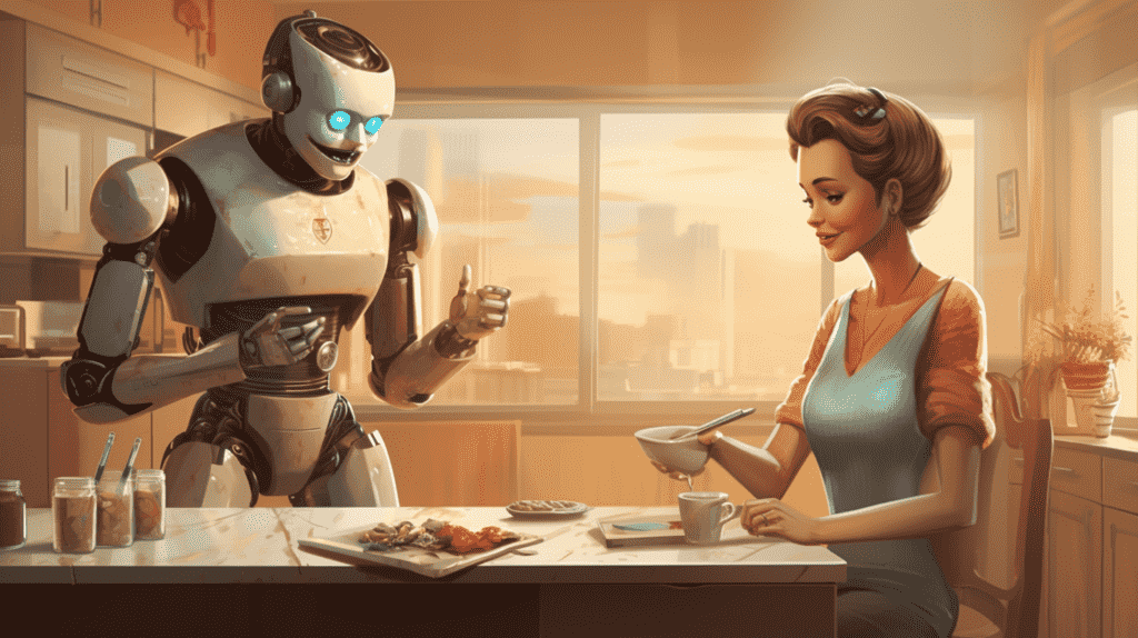 Ilustrasi robot belajar jadi ibu rumah tangga