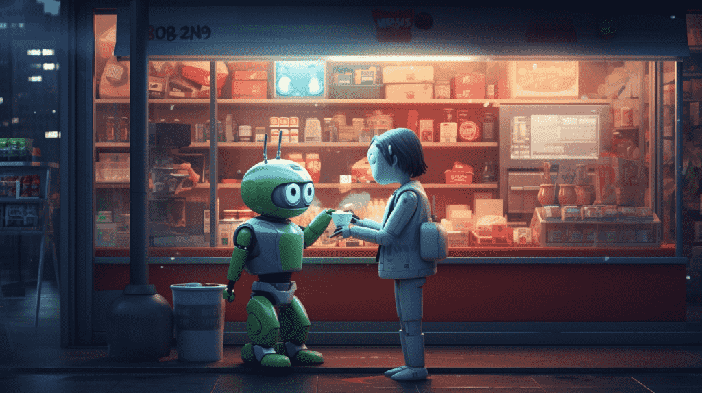 Ilustrasi robot melayani pelanggan toko