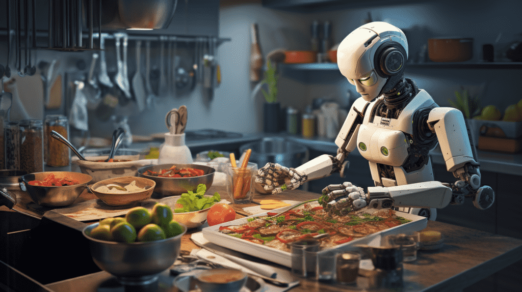 Ilustrasi robot menyiapkan bahan masakan
