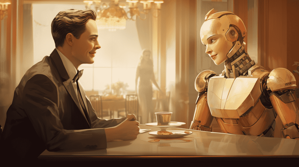 Ilustrasi manusia berinteraksi dengan robot AI