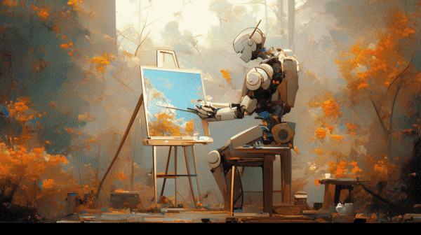 Ilustrasi robot melukis karya seni