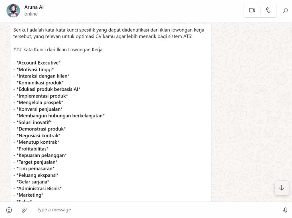 Contoh identifikasi kata kunci CV ATS Aruna AI