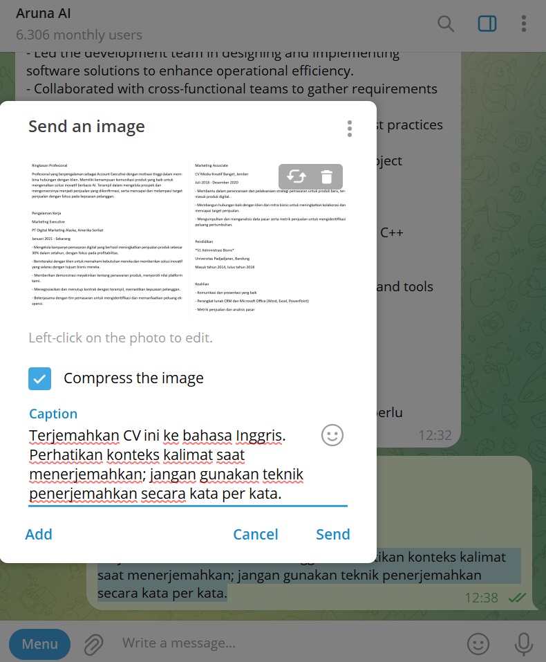 contoh cara meminta Aruna AI menerjemahkan CV ke bahasa Inggris