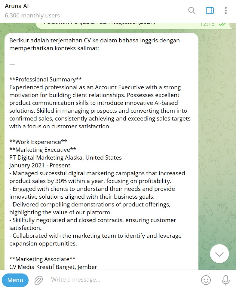 contoh hasil terjemahan CV bahasa Inggris Aruna AI