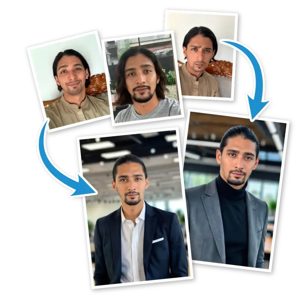 Contoh foto headshot Rupa.AI - sebelum dan sesudah